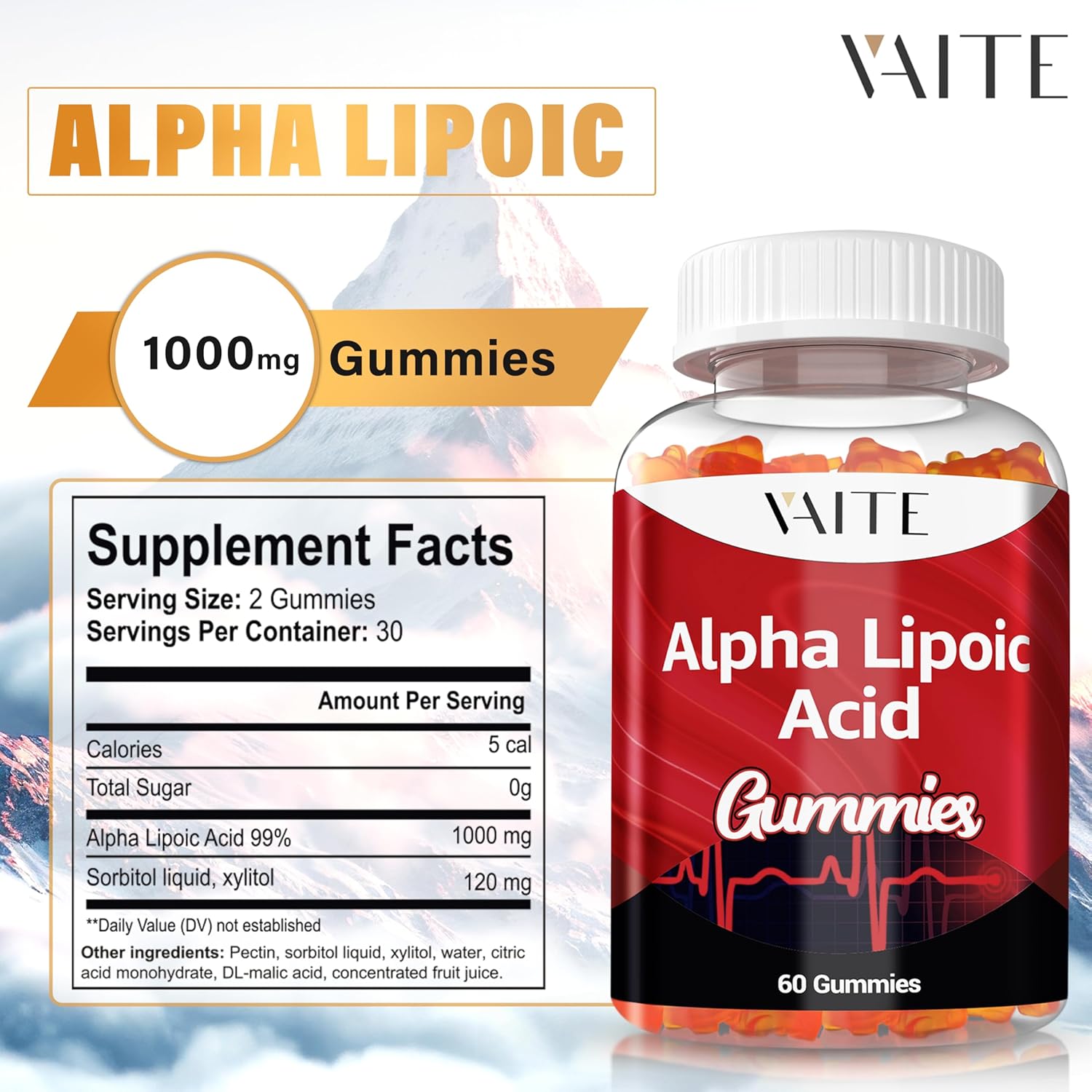 2 Pack VAITE Alpha Lipoic Acid Gummies - Extra Strength Antioxidant Supplement for Brain & Nerve Support - 60 Chewable Supplements for Pain Relief - Non-GMO, Vegan, Gluten-Free