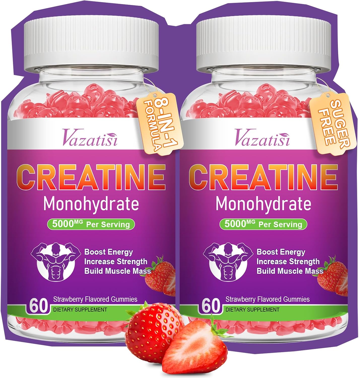 2 Pack Vazatisi Creatine Monohydrate Gummies - Vegan Supplement for Muscle Building, Energy, and Strength - Sugar Free with Natural Strawberry Flavor - 120 Count