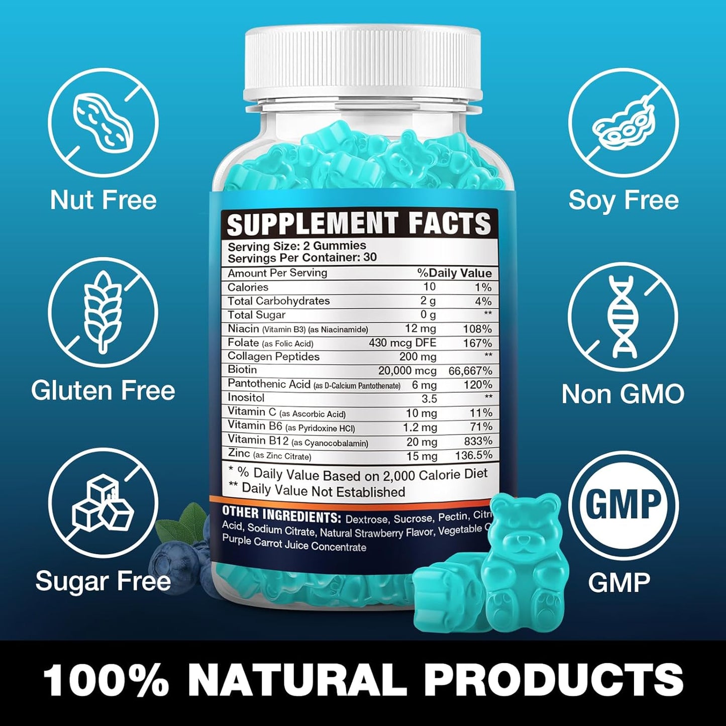 2 Pack Vegan Biotin Gummies - 20,000 mcg for Hair, Skin & Nails - Women & Men - 120 Gummies