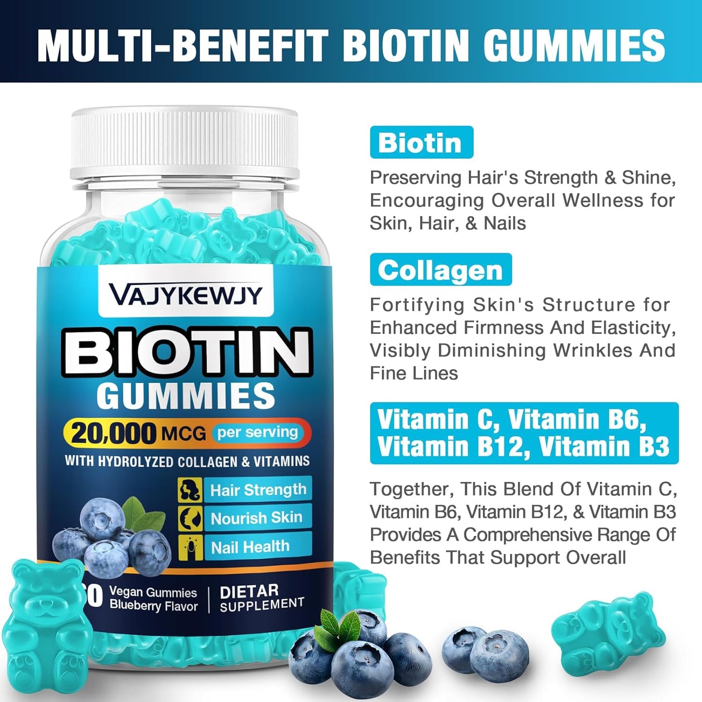 2 Pack Vegan Biotin Gummies - 20,000 mcg for Hair, Skin & Nails - Women & Men - 120 Gummies