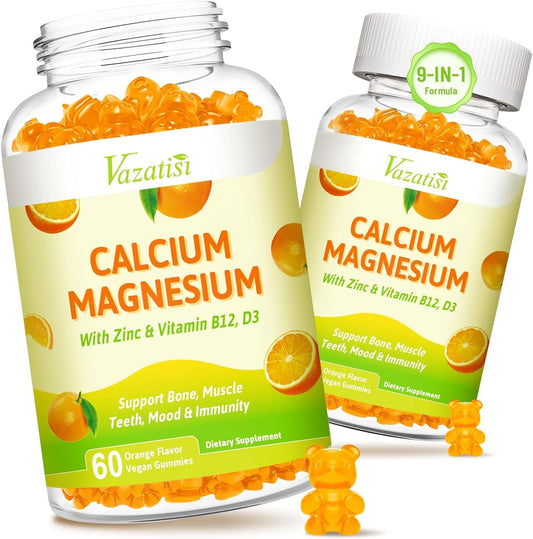2 Pack Vegan Calcium Magnesium Zinc Gummies with Vitamin D3 & B12 - Orange Flavor, 120 Gummies for Bone, Muscle, Mood, and Immunity Support