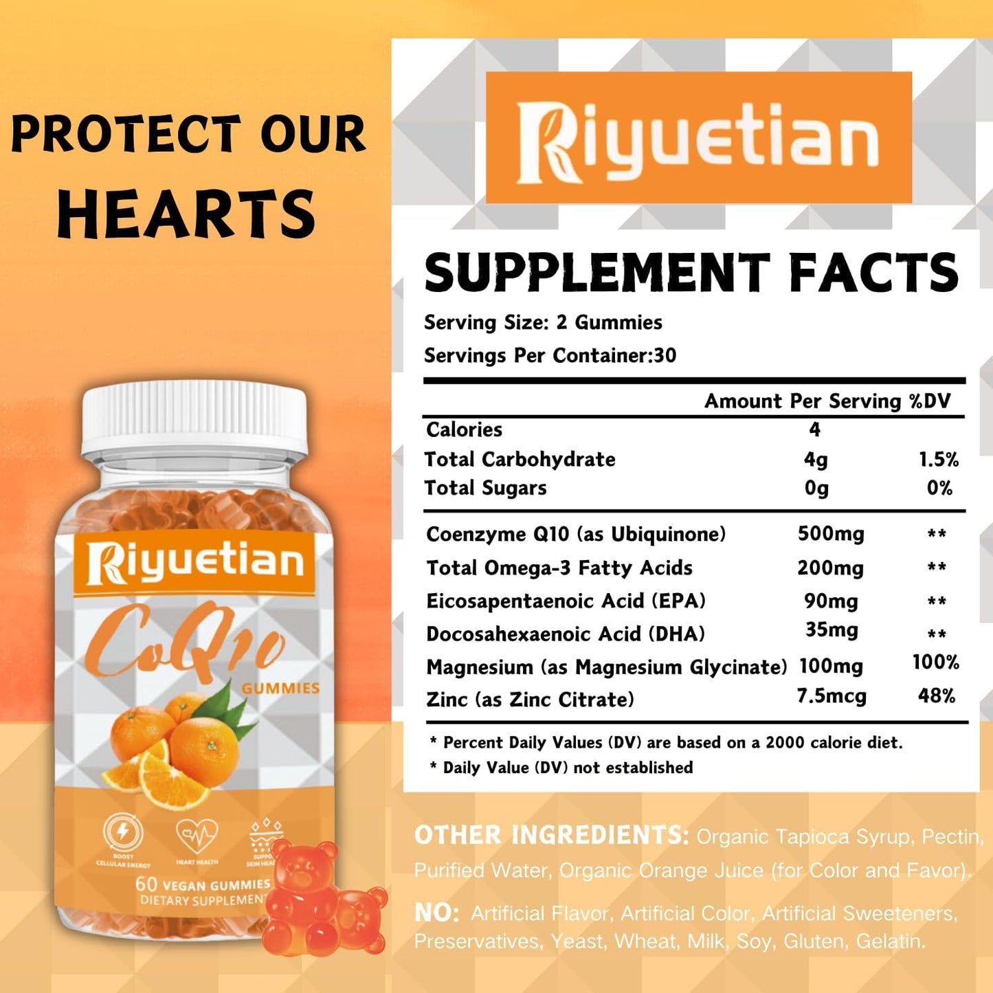 2 Pack Vegan Orange Flavored CoQ10 Gummies for Women & Men - Extra Strength CoQ10 Supplement - Riyuetian Gummies with Ubiquinol
