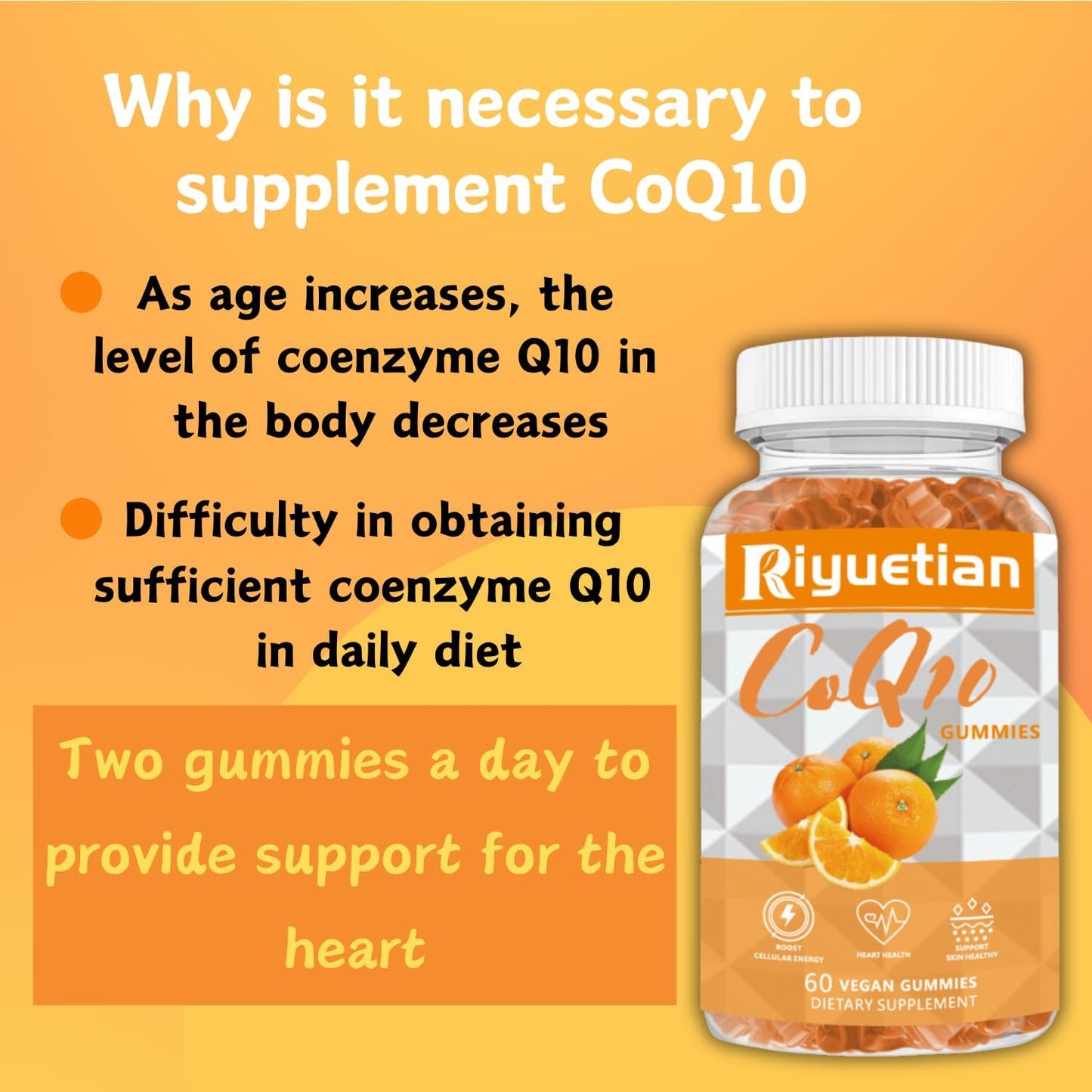2 Pack Vegan Orange Flavored CoQ10 Gummies for Women & Men - Extra Strength CoQ10 Supplement - Riyuetian Gummies with Ubiquinol