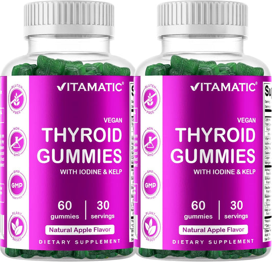 2 Pack Vegan Thyroid Support Gummies with Iodine, Kelp - 60 Count - Boost Energy, Metabolism - Plant Based Formula