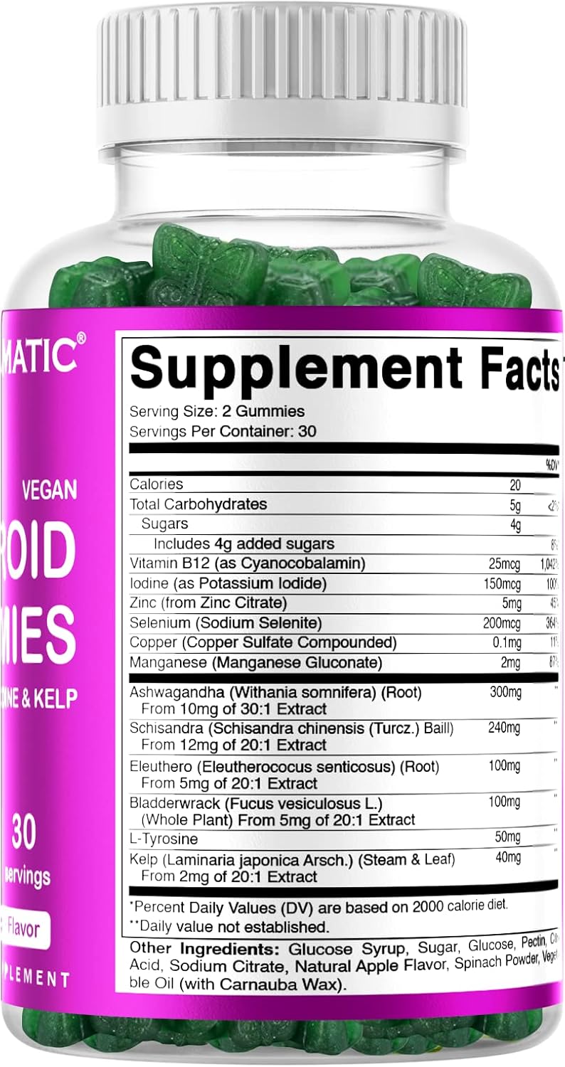 2 Pack Vegan Thyroid Support Gummies with Iodine, Kelp - 60 Count - Boost Energy, Metabolism - Plant Based Formula