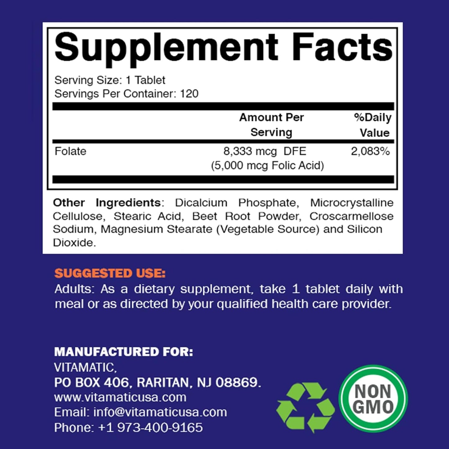 2 Pack Vitamatic Folic Acid 5mg (5000 mcg) - 240 Vegetarian Tablets - Vitamin B9 Folate Supplement