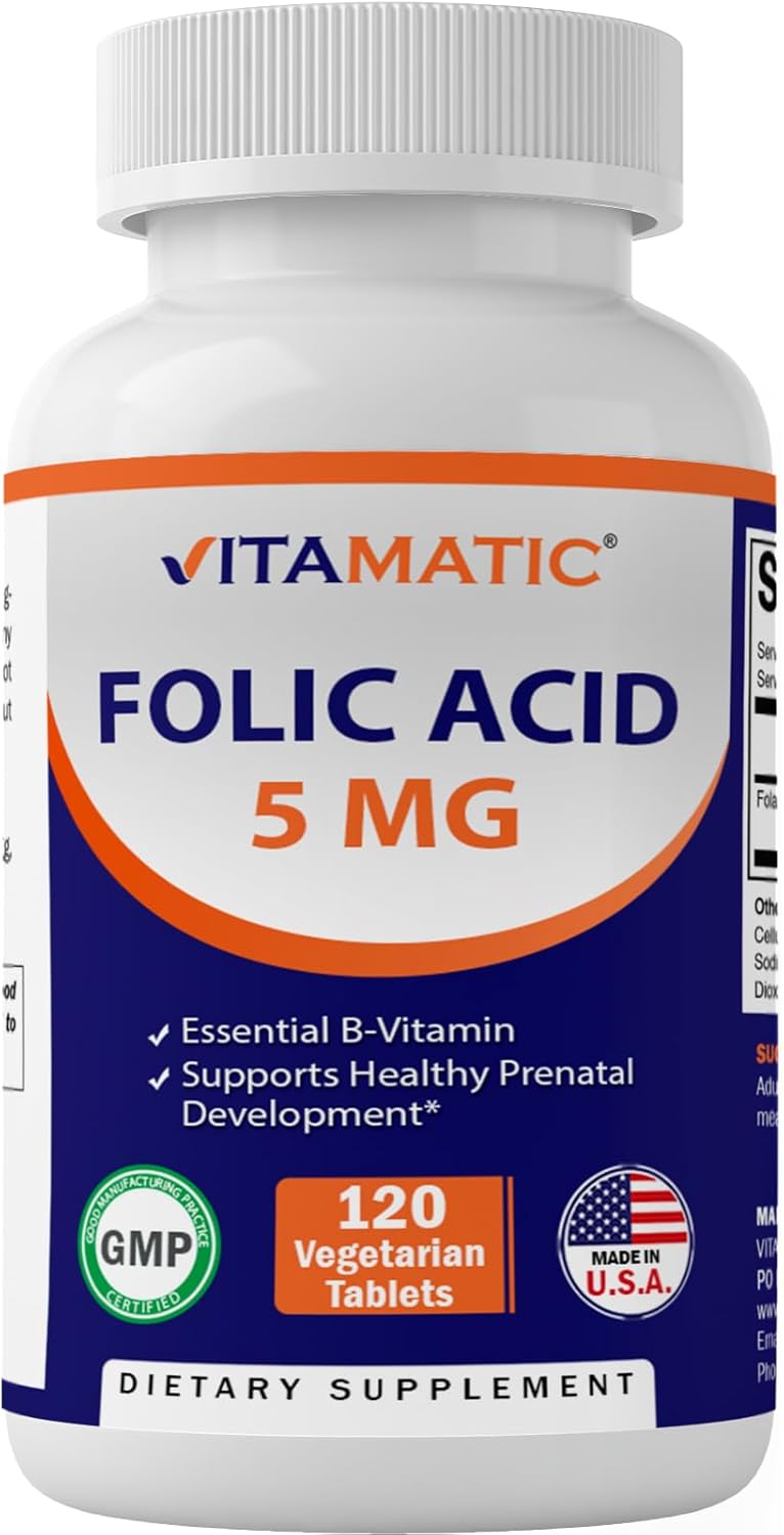 2 Pack Vitamatic Folic Acid 5mg (5000 mcg) - 240 Vegetarian Tablets - Vitamin B9 Folate Supplement