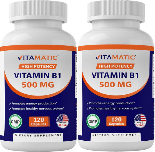 2 Pack Vitamatic Vitamin B1 (Thiamine) 500mg - 120 Capsules - Boost Energy and Metabolism - BoostGo Australia