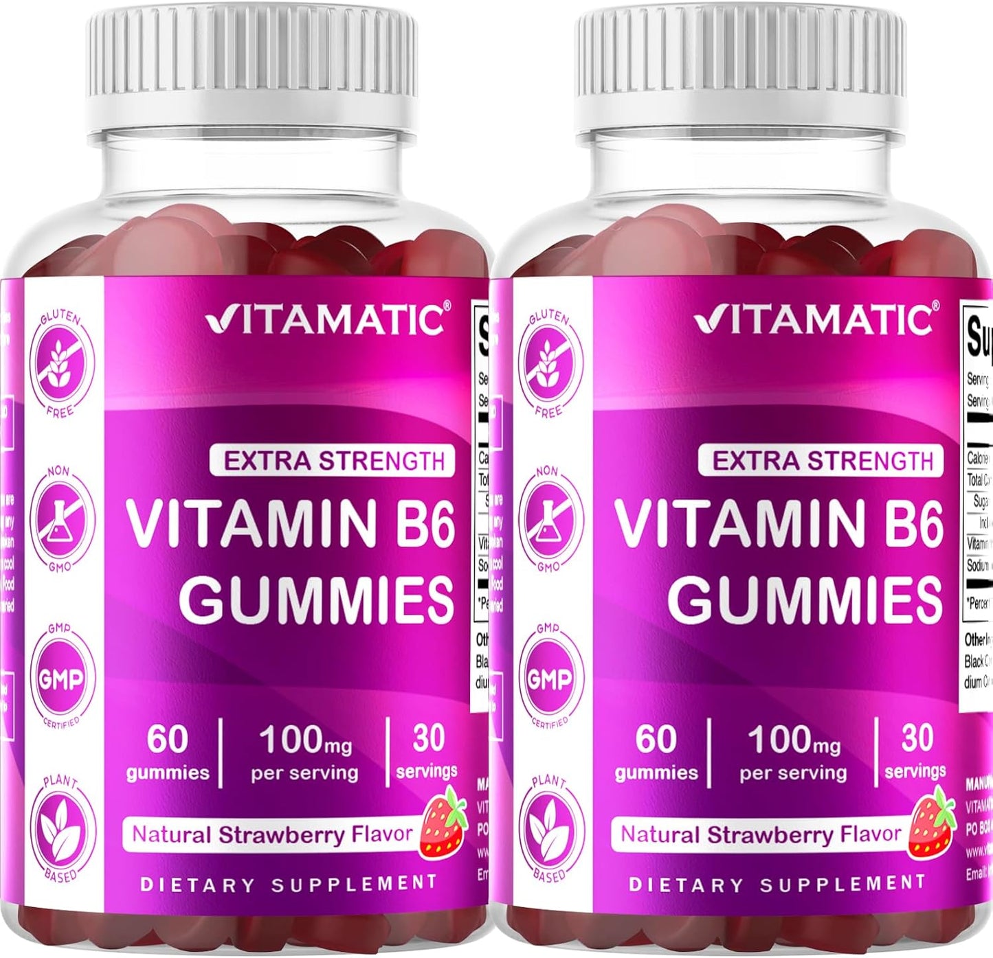2 Pack Vitamatic Vitamin B6 100mg Gummies - Strawberry Flavor - 60 Pectin Based Gummies for Nervous System Support
