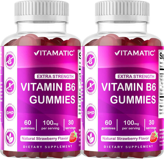 2 Pack Vitamatic Vitamin B6 100mg Gummies - Strawberry Flavor - 60 Pectin Based Gummies for Nervous System Support
