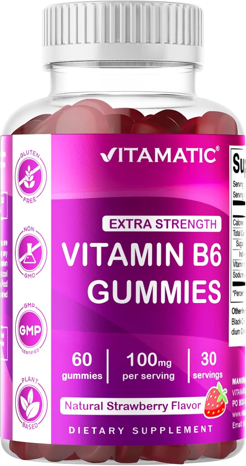 2 Pack Vitamatic Vitamin B6 100mg Gummies - Strawberry Flavor - 60 Pectin Based Gummies for Nervous System Support
