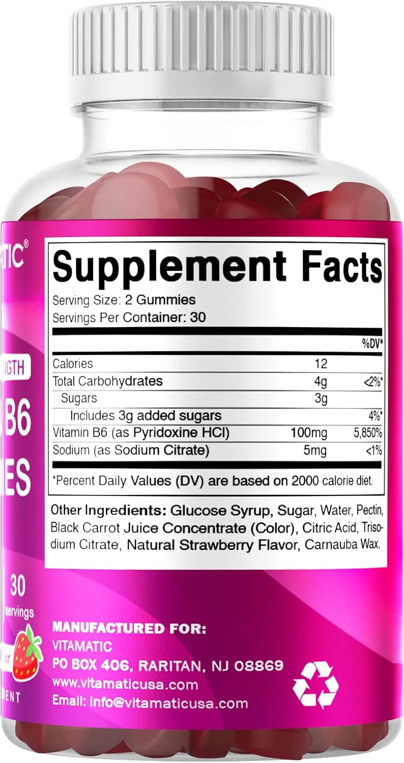 2 Pack Vitamatic Vitamin B6 100mg Gummies - Strawberry Flavor - 60 Pectin Based Gummies for Nervous System Support
