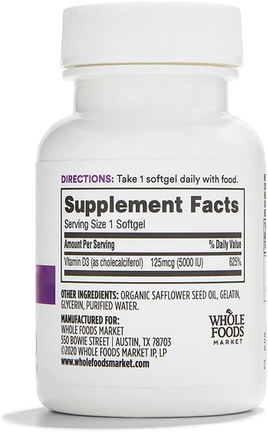 2 Pack Whole Foods Market 365 Vitamin D3 5000 IU Softgels - 120 Count Each