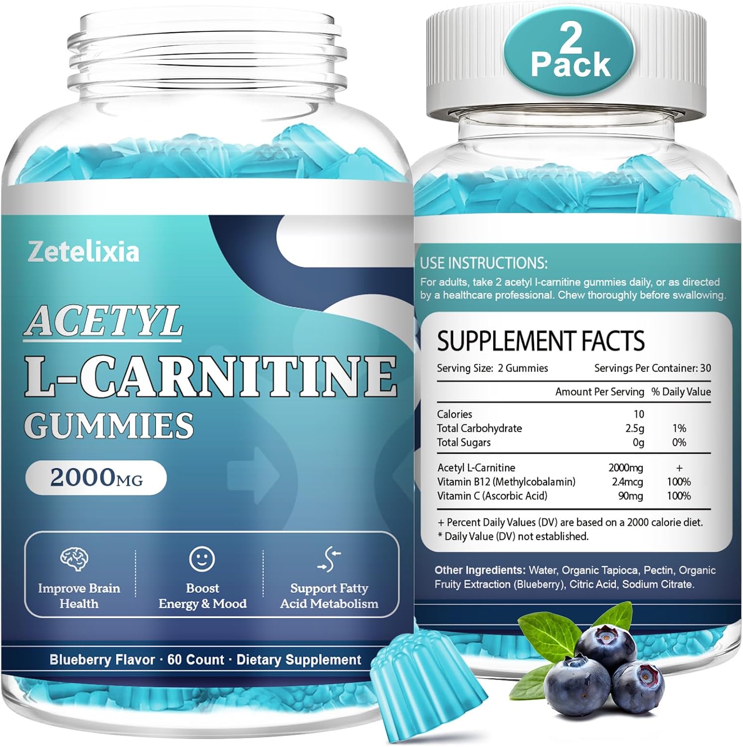 2 Pack Zetelixia Acetyl L-Carnitine Gummies 2000mg - Energy & Brain Support Supplement with Vitamin C & B12 for Men & Women - Vegan, Non-GMO, Sugar Free - 120 Count