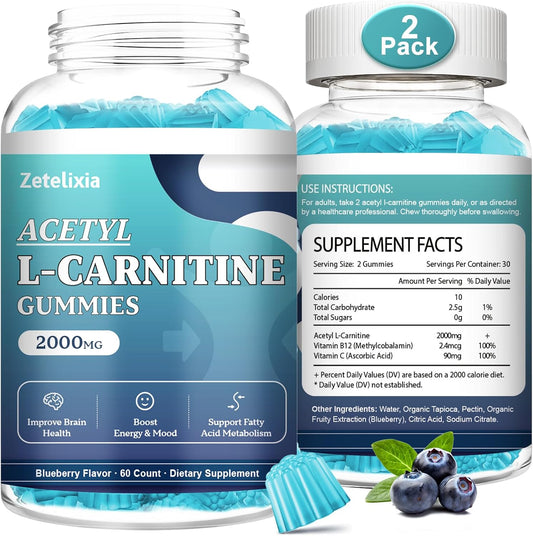 2 Pack Zetelixia Acetyl L-Carnitine Gummies 2000mg - Energy & Brain Support Supplement with Vitamin C & B12 for Men & Women - Vegan, Non-GMO, Sugar Free - 120 Count