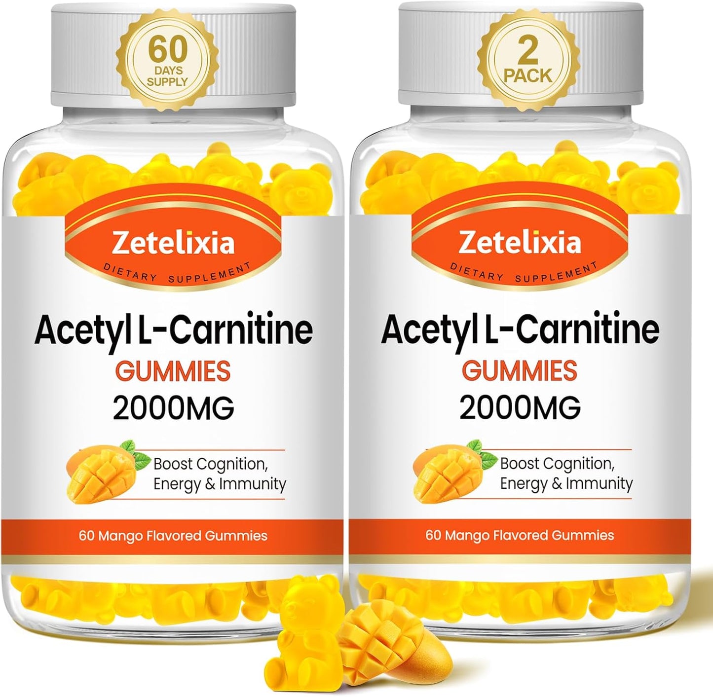 2 Pack Zetelixia Acetyl L-Carnitine Gummies 2000mg - Energy & Brain Health Supplement for Men & Women - Vegan, Non-GMO - Mango Flavor - 120 Count