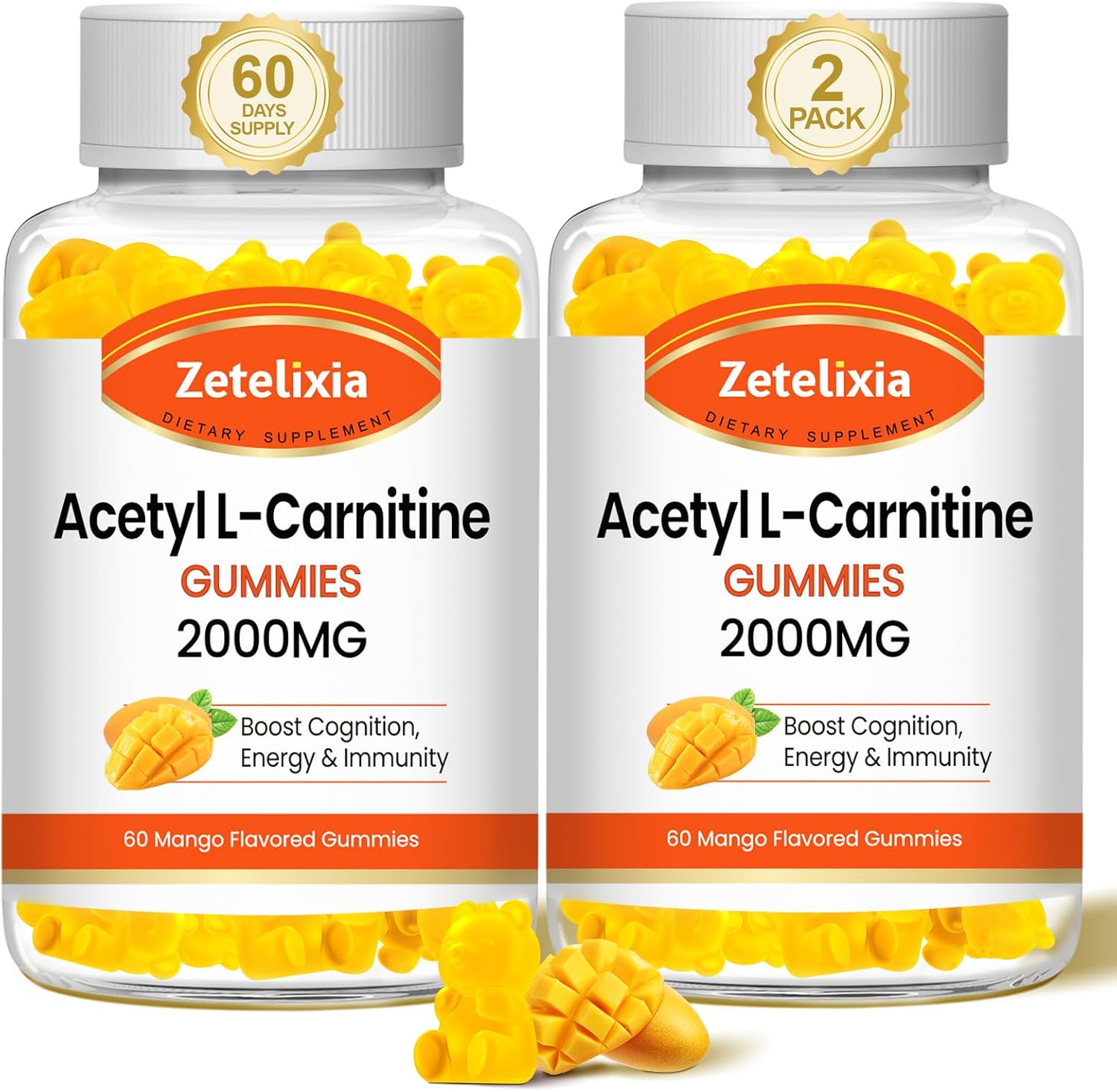2 Pack Zetelixia Acetyl L-Carnitine Gummies 2000mg - Energy & Brain Health Supplement for Men & Women - Vegan, Non-GMO - Mango Flavor - 120 Count