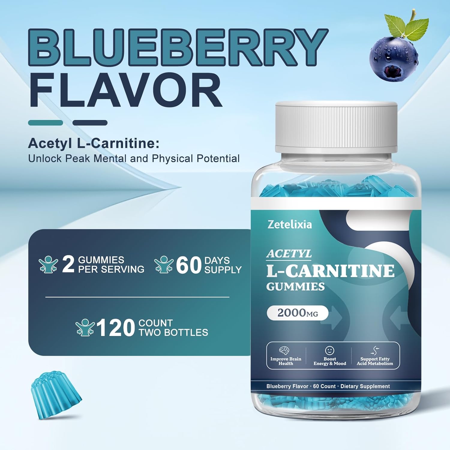 2 Pack Zetelixia Acetyl L-Carnitine Gummies 2000mg - Energy & Brain Support Supplement with Vitamin C & B12 for Men & Women - Vegan, Non-GMO, Sugar Free - 120 Count