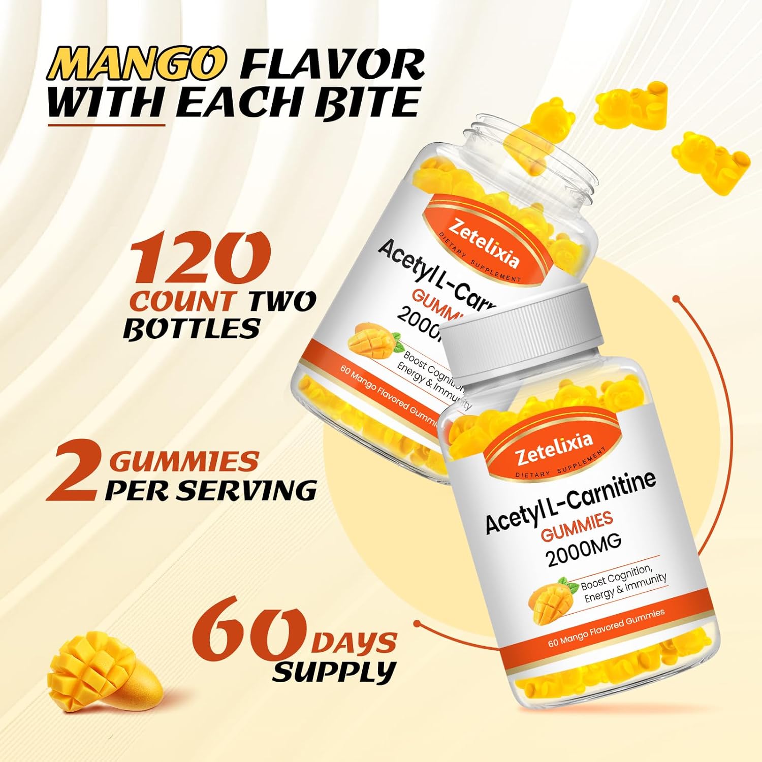 2 Pack Zetelixia Acetyl L-Carnitine Gummies 2000mg - Energy & Brain Health Supplement for Men & Women - Vegan, Non-GMO - Mango Flavor - 120 Count