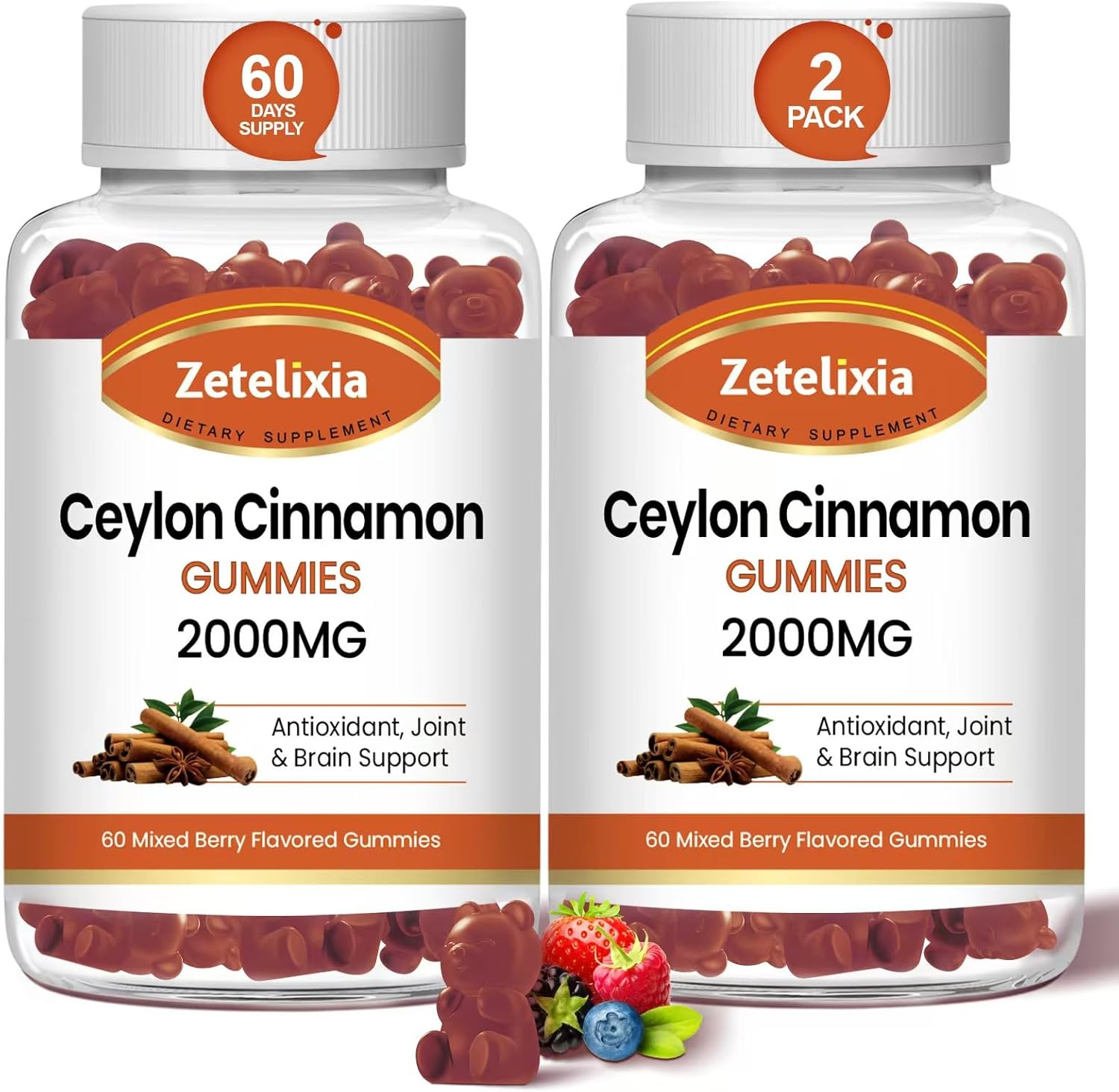 2 Pack Zetelixia Ceylon Cinnamon Gummies 2000mg - Sugar Free Supplement with Chromium & Cinnamon Bark for Joint, Immune System, Brain, Bone Health - Vegan, Non-GMO, Gluten-Free - 120 Ct.