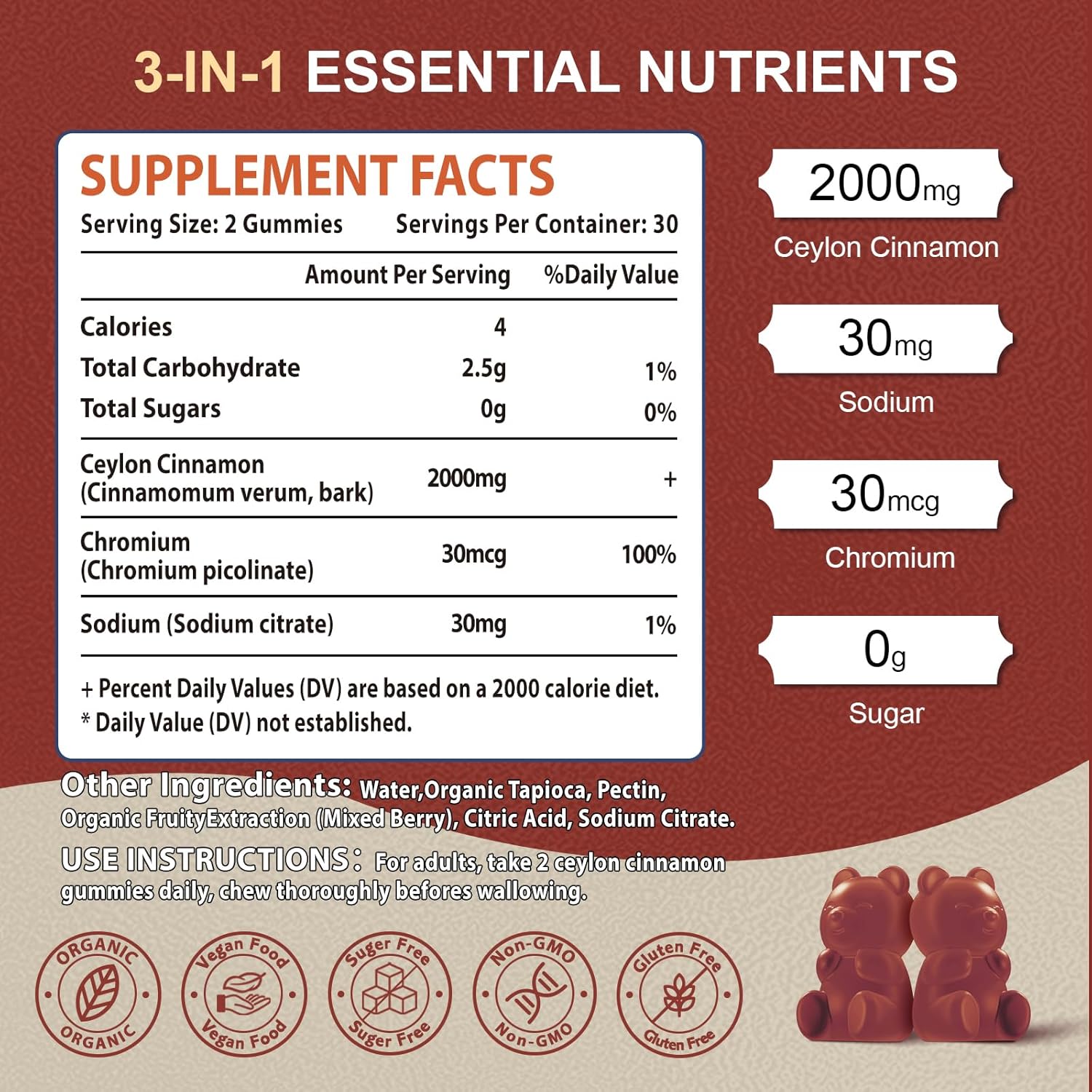 2 Pack Zetelixia Ceylon Cinnamon Gummies 2000mg - Sugar Free Supplement with Chromium & Cinnamon Bark for Joint, Immune System, Brain, Bone Health - Vegan, Non-GMO, Gluten-Free - 120 Ct.