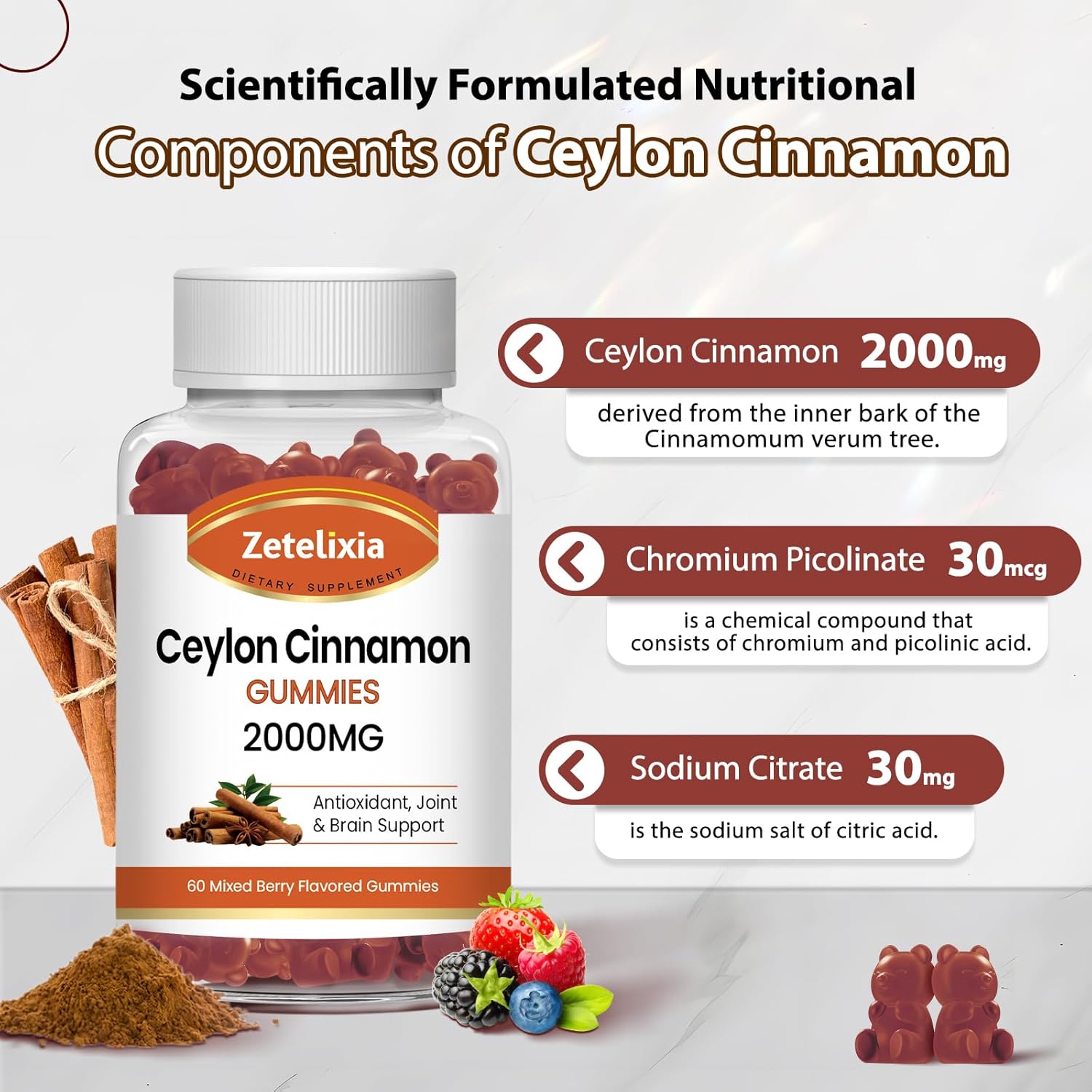 2 Pack Zetelixia Ceylon Cinnamon Gummies 2000mg - Sugar Free Supplement with Chromium & Cinnamon Bark for Joint, Immune System, Brain, Bone Health - Vegan, Non-GMO, Gluten-Free - 120 Ct.