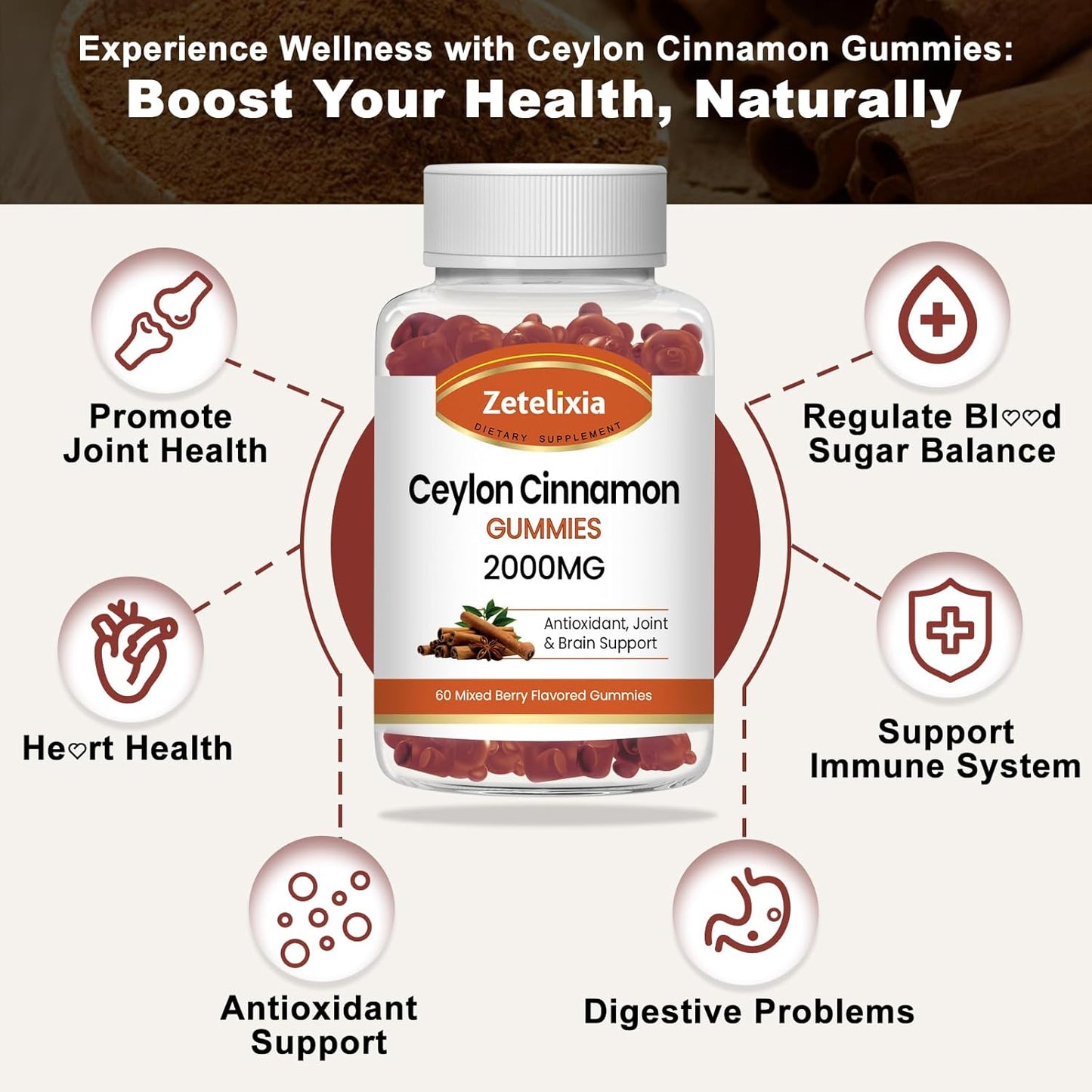 2 Pack Zetelixia Ceylon Cinnamon Gummies 2000mg - Sugar Free Supplement with Chromium & Cinnamon Bark for Joint, Immune System, Brain, Bone Health - Vegan, Non-GMO, Gluten-Free - 120 Ct.