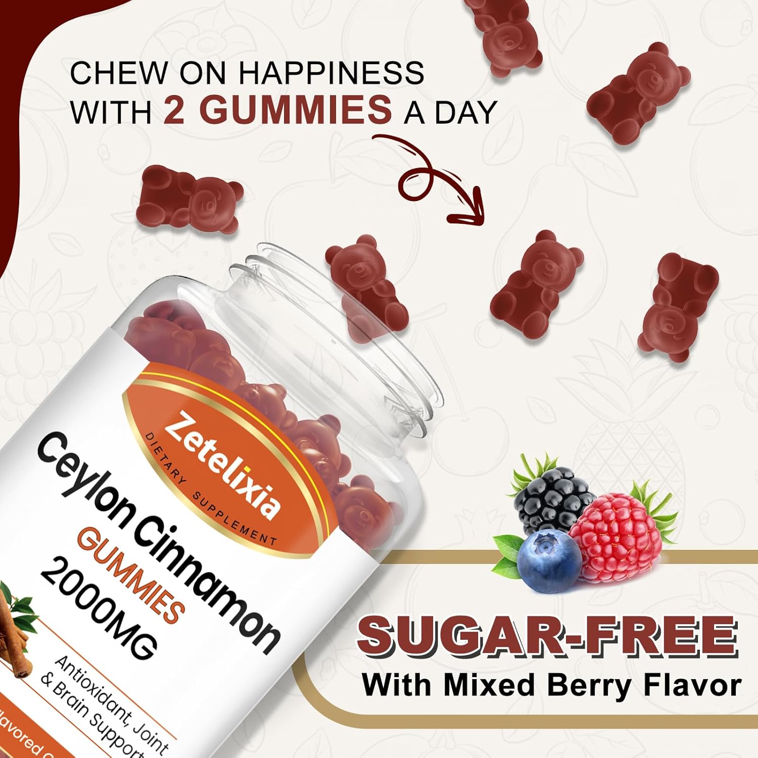 2 Pack Zetelixia Ceylon Cinnamon Gummies 2000mg - Sugar Free Supplement with Chromium & Cinnamon Bark for Joint, Immune System, Brain, Bone Health - Vegan, Non-GMO, Gluten-Free - 120 Ct.