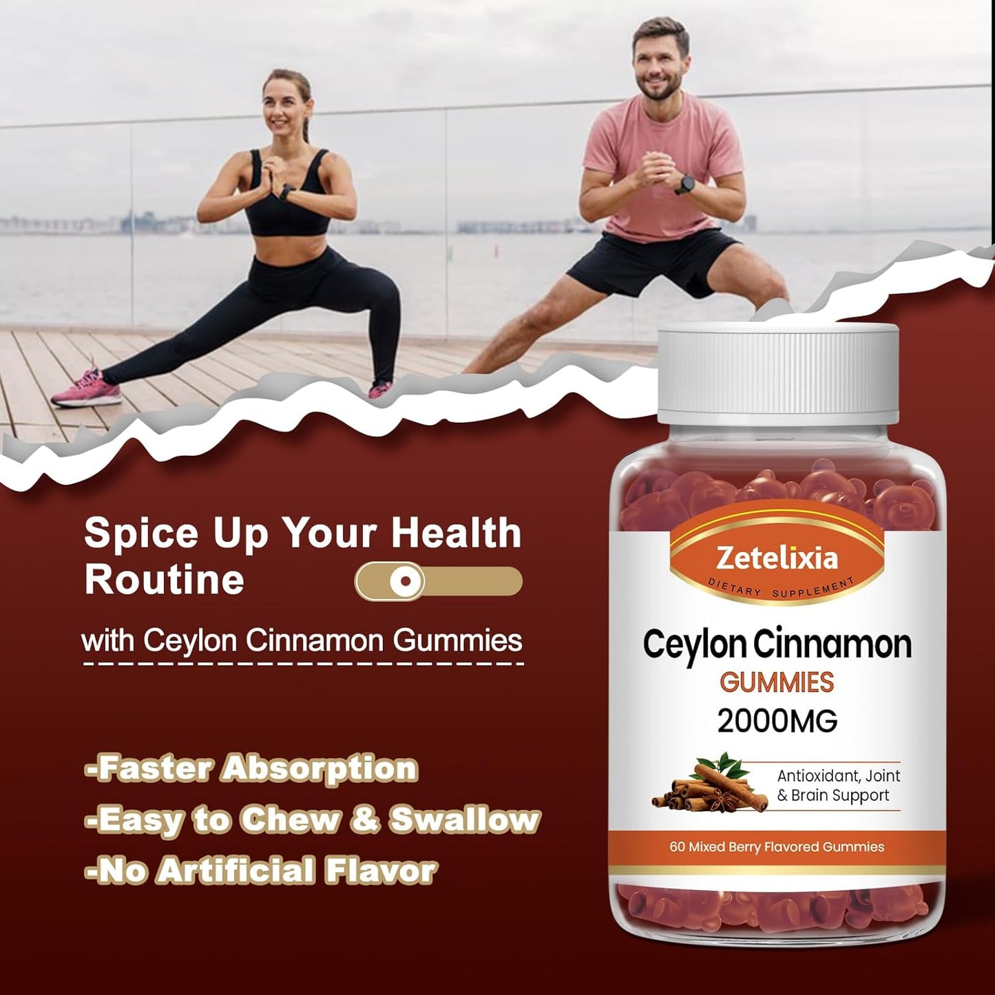 2 Pack Zetelixia Ceylon Cinnamon Gummies 2000mg - Sugar Free Supplement with Chromium & Cinnamon Bark for Joint, Immune System, Brain, Bone Health - Vegan, Non-GMO, Gluten-Free - 120 Ct.