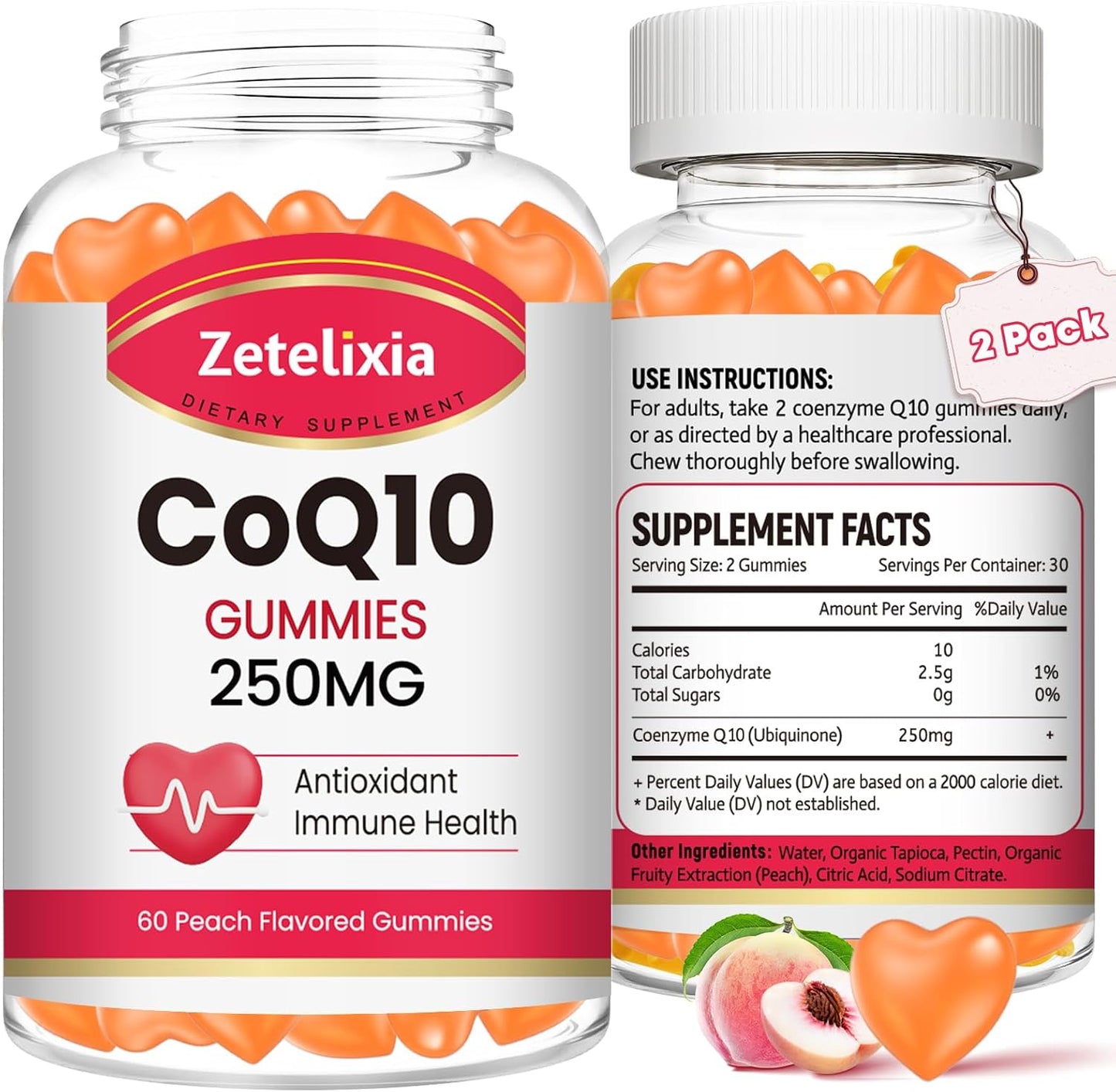 2 Pack Zetelixia CoQ10 Gummies - High Absorption Coenzyme Q10 for Energy and Antioxidant Support - 120 Peach Gummies