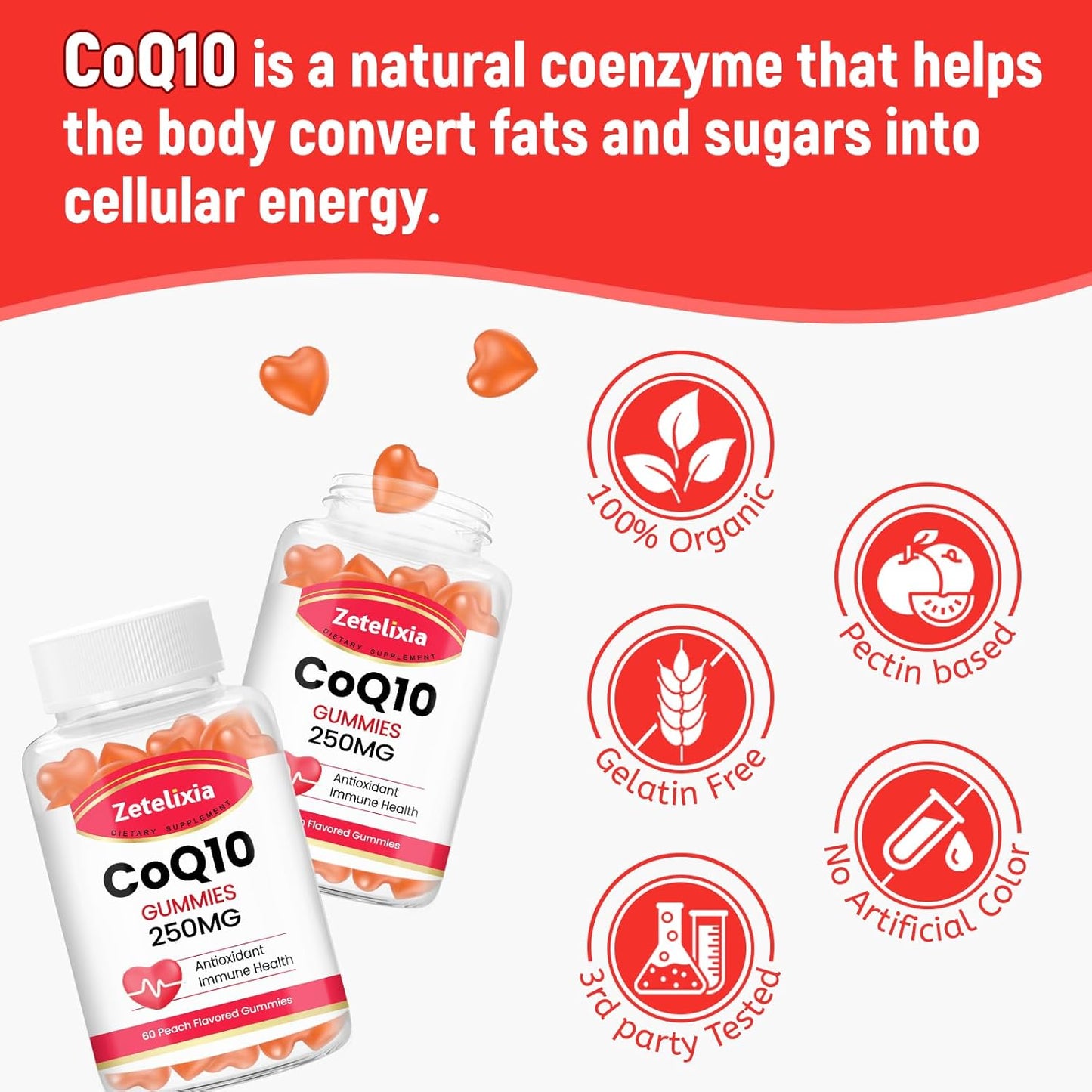 2 Pack Zetelixia CoQ10 Gummies - High Absorption Coenzyme Q10 for Energy and Antioxidant Support - 120 Peach Gummies