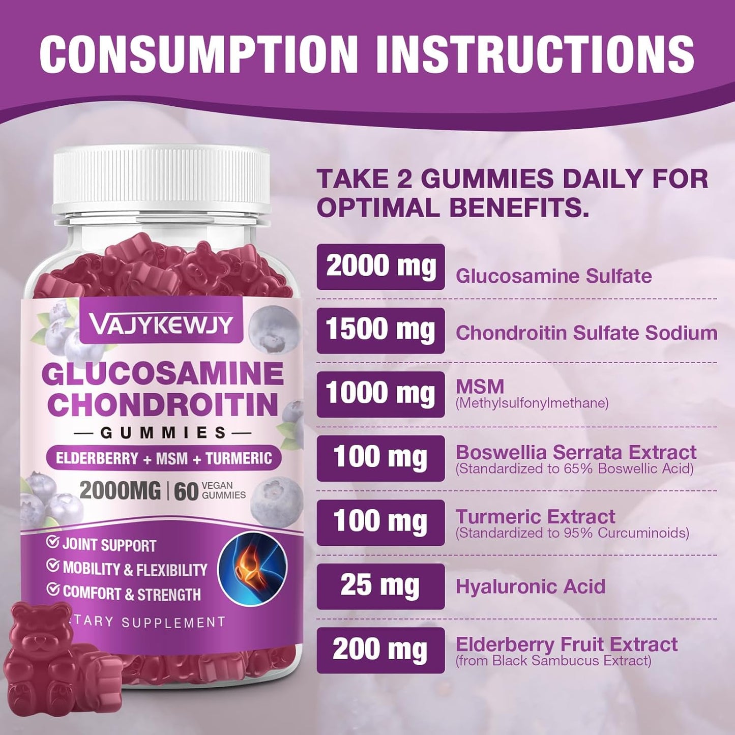 2 Packs of 2000mg Glucosamine Chondroitin Gummies - Joint Support with MSM & Turmeric - 120 Gummies