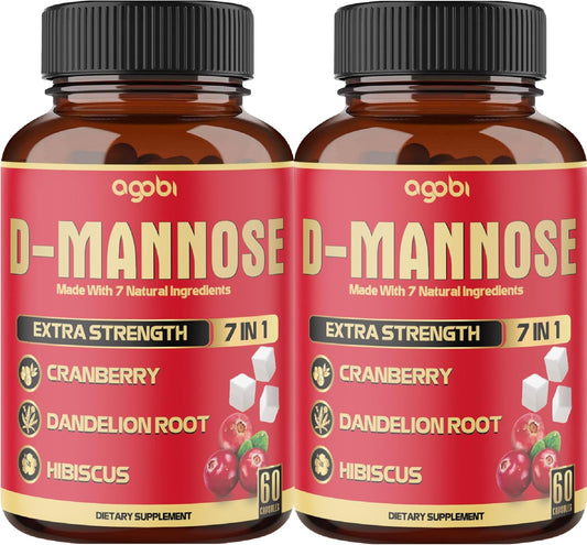 2 Packs of 60 Count Agobi D-Mannose Extract Capsules 6050mg - Natural Urinary Tract Health & Immune Support - 7in1 Blend with Cranberry, Dandelion, Hibiscus & More - 4 Month Supply