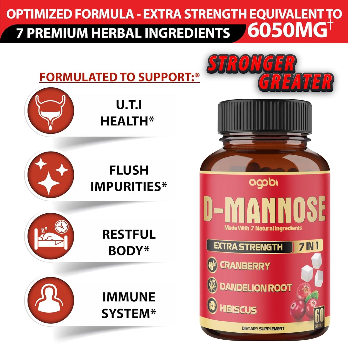 2 Packs of 60 Count Agobi D-Mannose Extract Capsules 6050mg - Natural Urinary Tract Health & Immune Support - 7in1 Blend with Cranberry, Dandelion, Hibiscus & More - 4 Month Supply