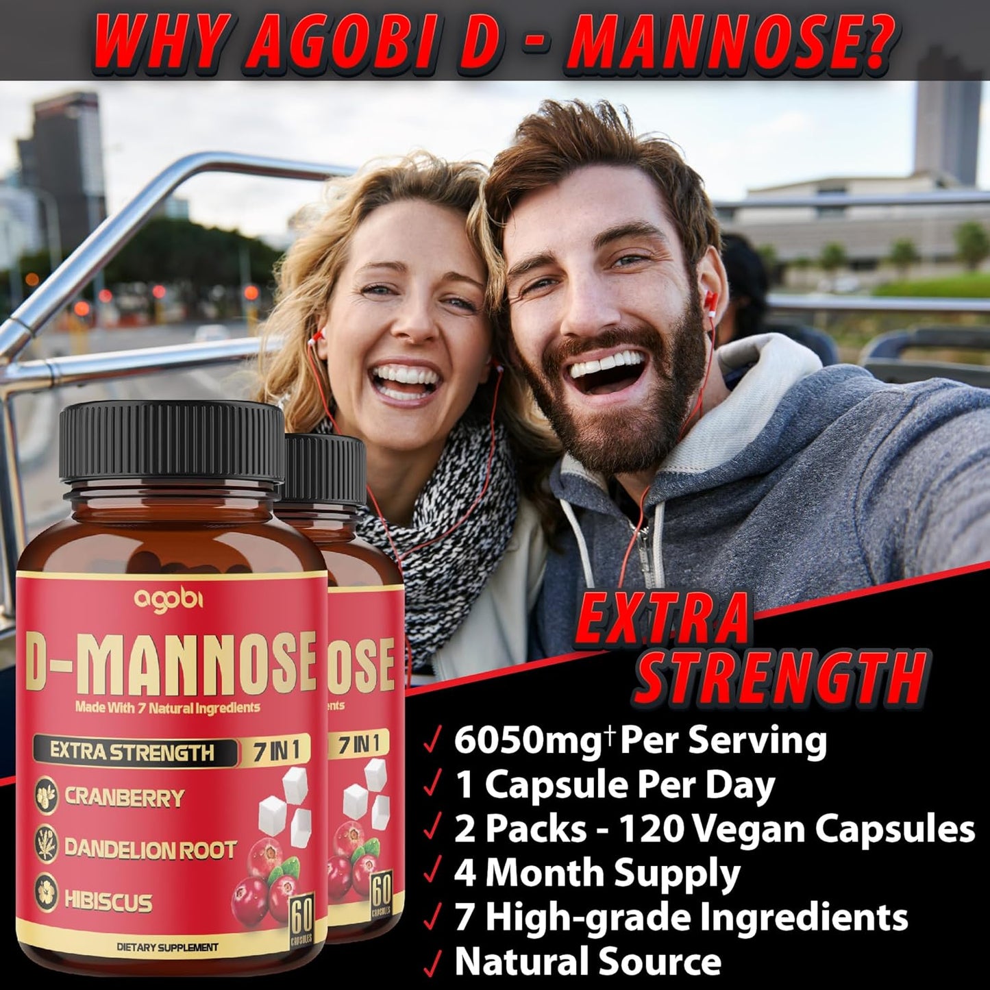 2 Packs of 60 Count Agobi D-Mannose Extract Capsules 6050mg - Natural Urinary Tract Health & Immune Support - 7in1 Blend with Cranberry, Dandelion, Hibiscus & More - 4 Month Supply