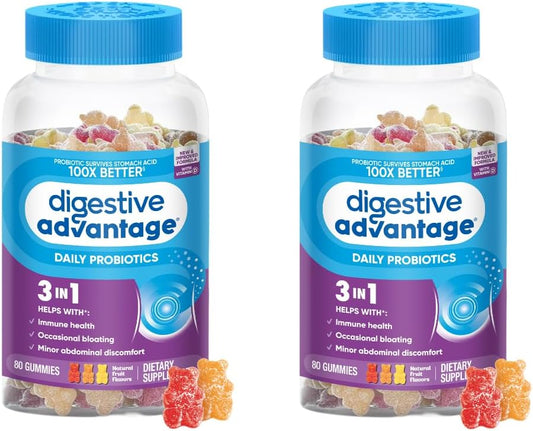 2 Packs of Digestive Advantage Daily Probiotic Gummies - 80ct for Digestive & Gut Health, Immune Support - Natural Fruit Flavor - Men & Women's Probiotics