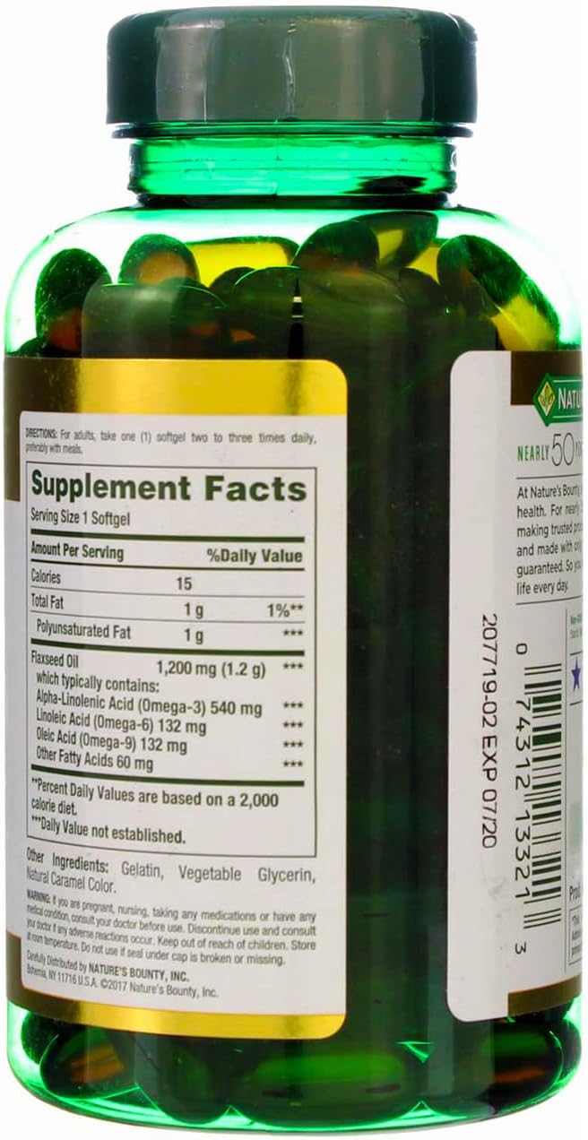2 Packs of Nature's Bounty Flaxseed Oil 1200mg Softgels - 125 Count, Rapid Release, Natural Formula