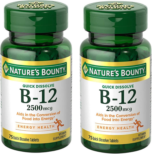 2 Packs of Nature's Bounty Vitamin B12 2500 mcg Quick Dissolve Tablets for Cellular Energy Support & Nervous System Health