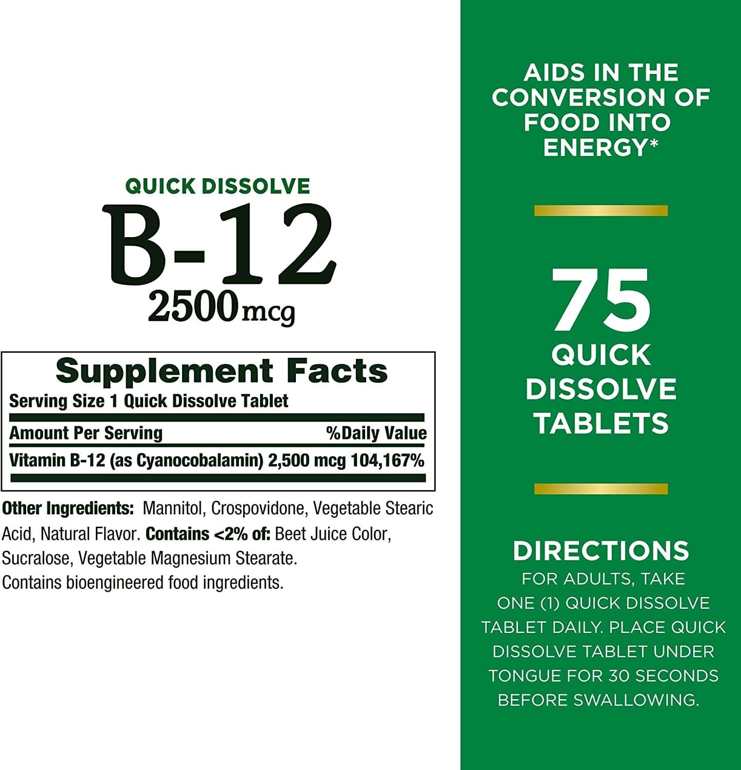 2 Packs of Nature's Bounty Vitamin B12 2500 mcg Quick Dissolve Tablets for Cellular Energy Support & Nervous System Health