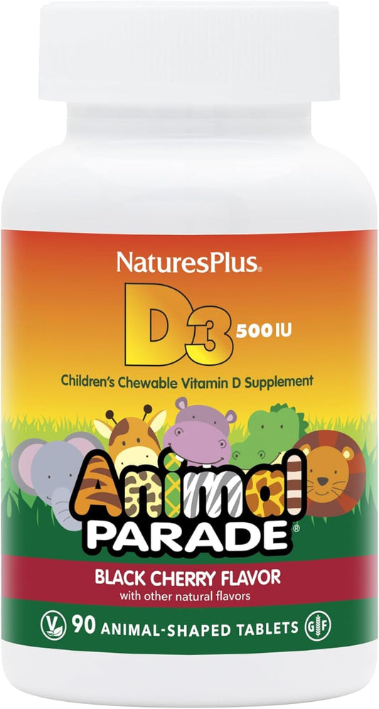 2 Packs of Natures Plus Animal Parade Vitamin D3 Children’s Chewables - Black Cherry Flavor - 90 Animal-Shaped Tablets per Pack - Gluten Free, Vegetarian, Hypoallergenic - 180 Total Servings