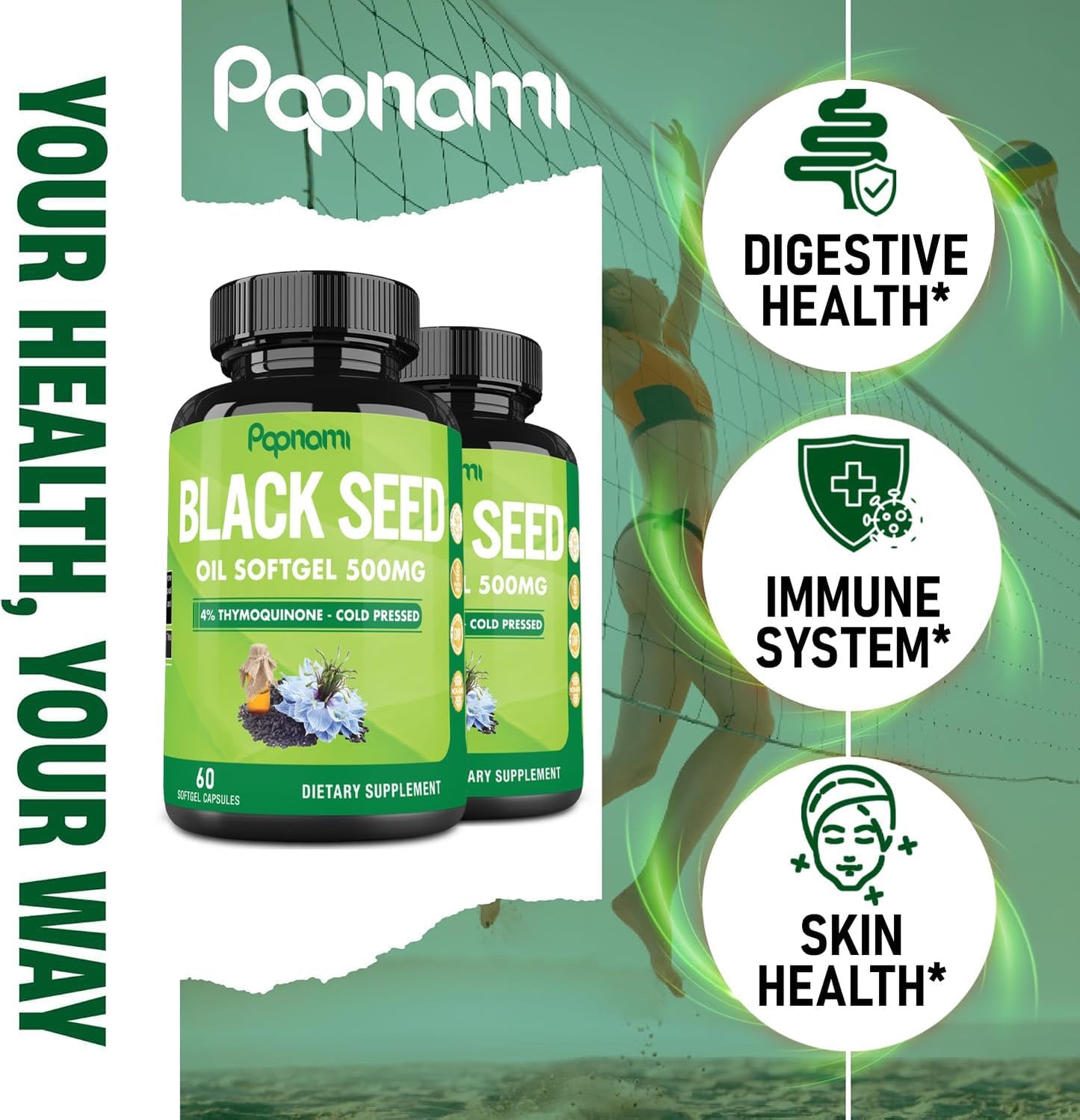 2 Packs of Papnami Premium Black Seed Oil Softgel Capsules - 60 Count 500mg - Boost Immunity, Circulation, Digestion, Skin, Hair & Body - 4 Month Supply