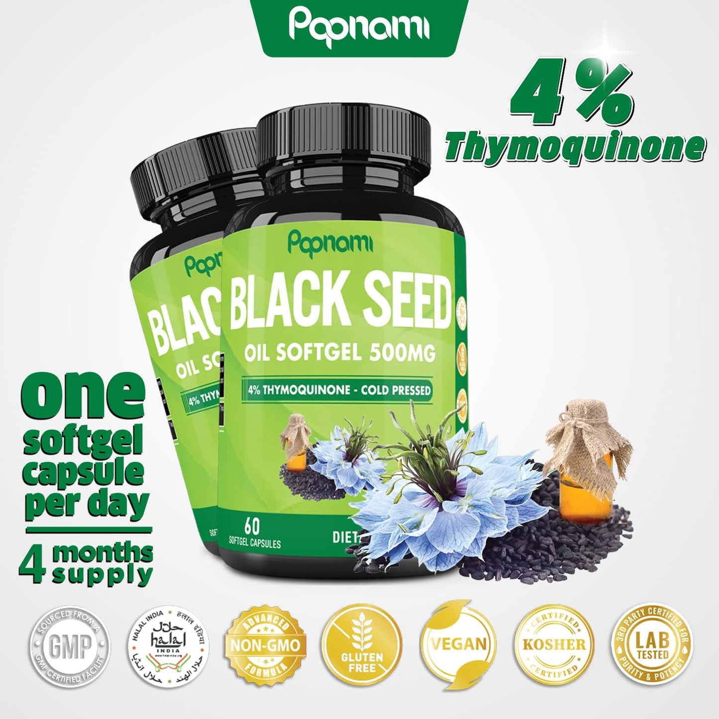 2 Packs of Papnami Premium Black Seed Oil Softgel Capsules - 60 Count 500mg - Boost Immunity, Circulation, Digestion, Skin, Hair & Body - 4 Month Supply
