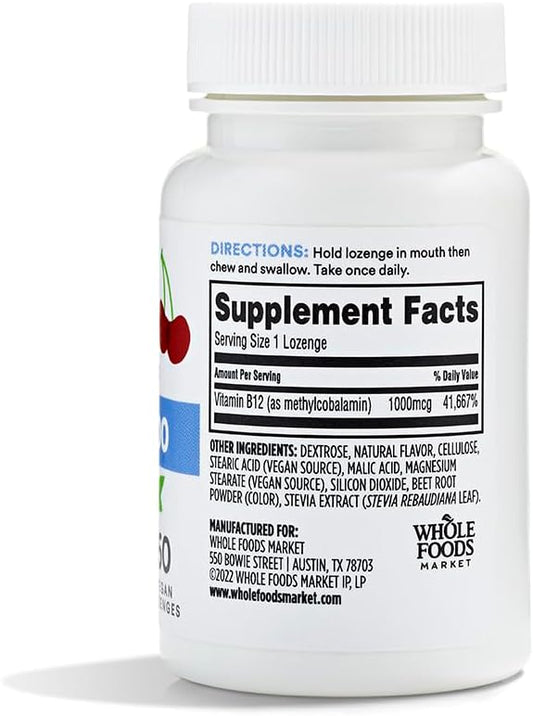 2 Packs of Whole Foods Market Cherry Flavor Methyl B-12 Lozenges 1000mcg, 60 ct- Total 120 Lozenges