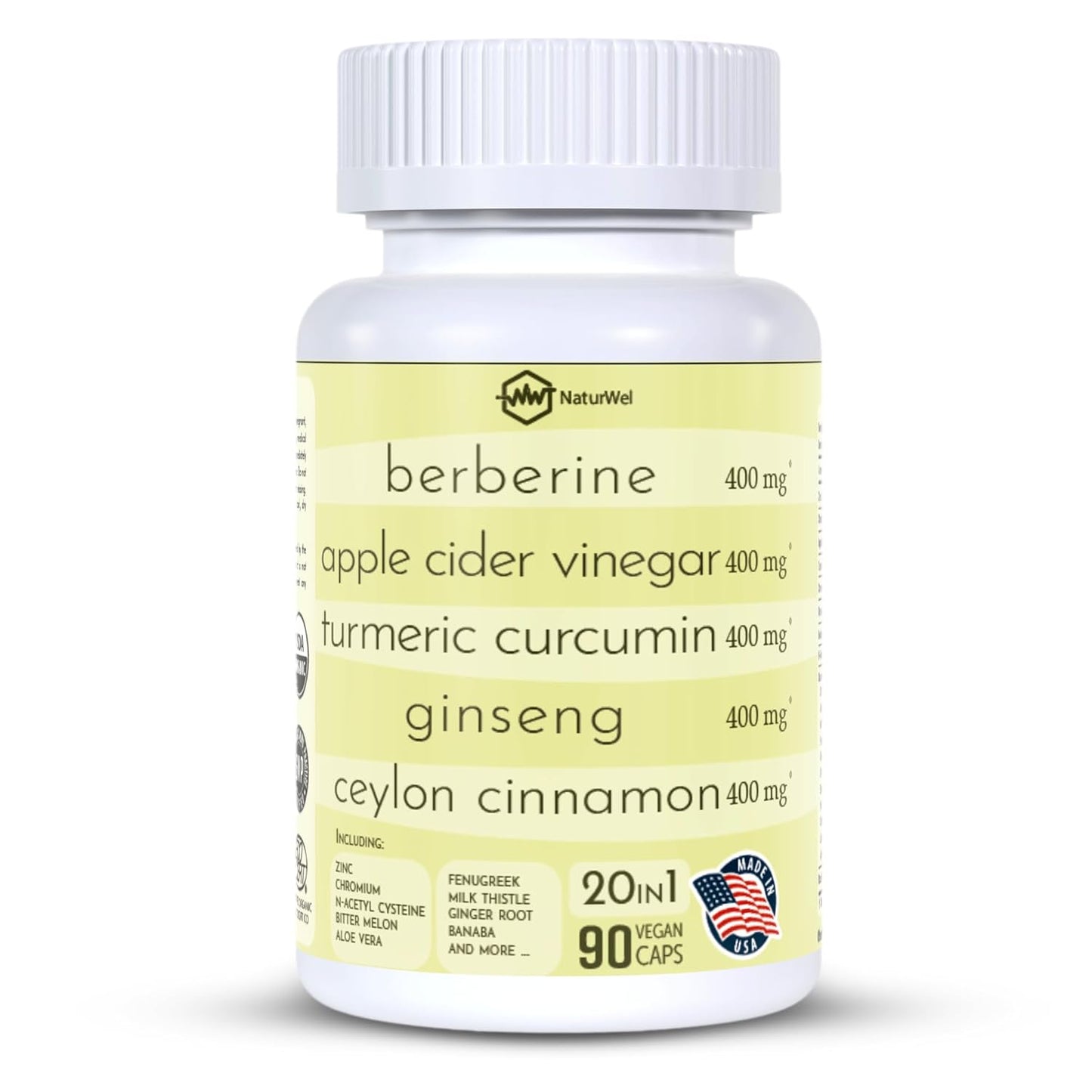 20-in-1 USA-Made Capsules with Ceylon Cinnamon, Ginseng, Turmeric, Apple Cider Vinegar, and More - 90 Count