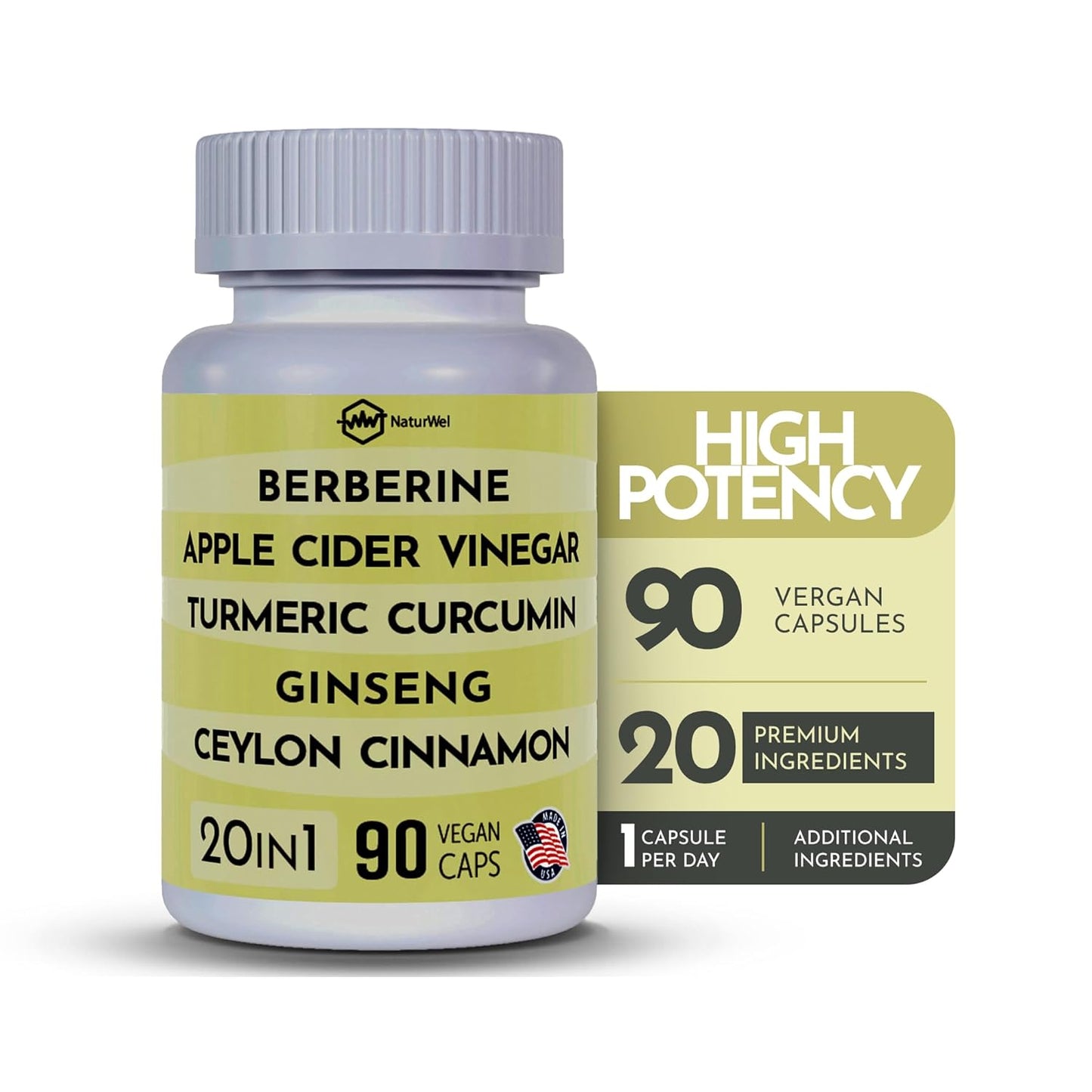 20-in-1 USA-Made Capsules with Ceylon Cinnamon, Ginseng, Turmeric, Apple Cider Vinegar, and More - 90 Count