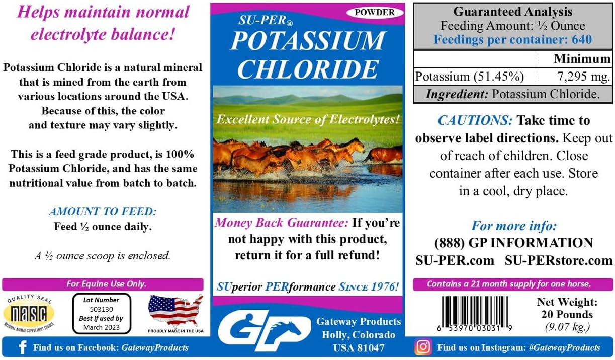 20 lb SU-PER Potassium Chloride Horse Electrolyte Supplement - Maintain Normal Electrolyte Balance for 21 Months