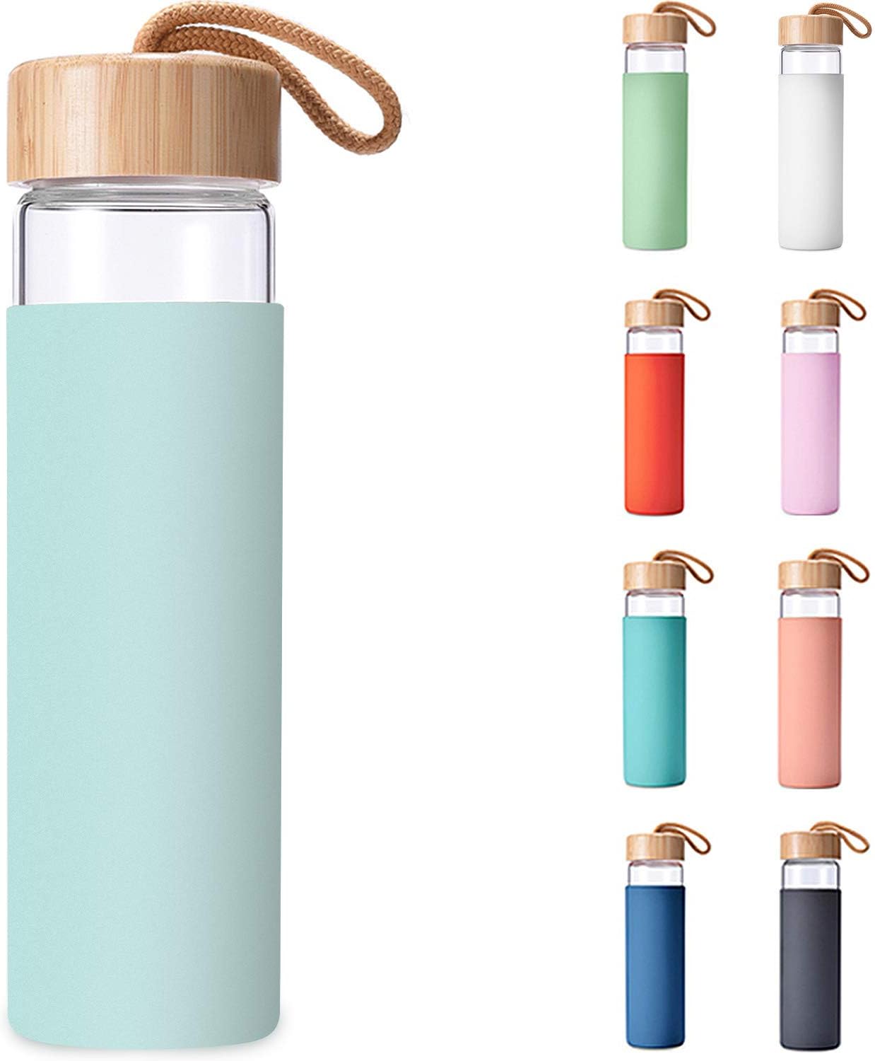 20 oz Yomious Borosilicate Glass Water Bottle with Bamboo Lid and Silicone Sleeve - BPA Free Glass Bottle for Women - Reusable Glass Drinking Bottle with Lids - Cute Glass Shaker Bottle