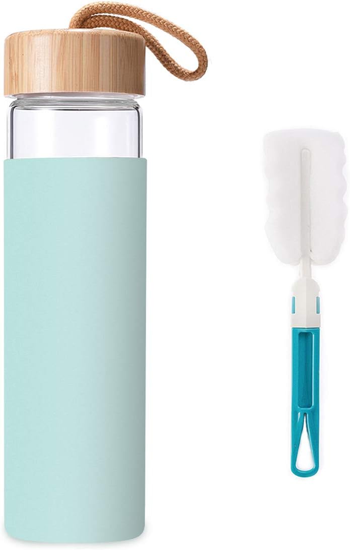 20 oz Yomious Borosilicate Glass Water Bottle with Bamboo Lid and Silicone Sleeve - BPA Free Glass Bottle for Women - Reusable Glass Drinking Bottle with Lids - Cute Glass Shaker Bottle