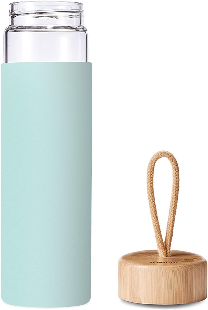 20 oz Yomious Borosilicate Glass Water Bottle with Bamboo Lid and Silicone Sleeve - BPA Free Glass Bottle for Women - Reusable Glass Drinking Bottle with Lids - Cute Glass Shaker Bottle