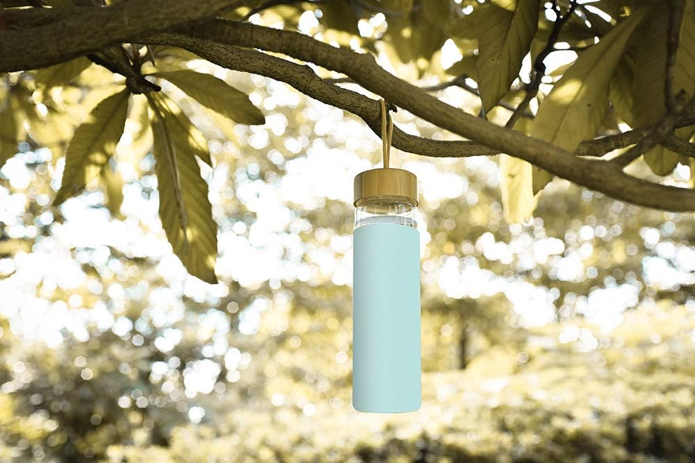 20 oz Yomious Borosilicate Glass Water Bottle with Bamboo Lid and Silicone Sleeve - BPA Free Glass Bottle for Women - Reusable Glass Drinking Bottle with Lids - Cute Glass Shaker Bottle